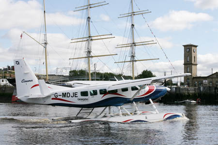 The seaplane lands at Pacific Quay