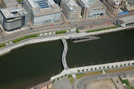 Aerial view of Squiggly Bridge and Broomielaw in Glasgow's IFSD